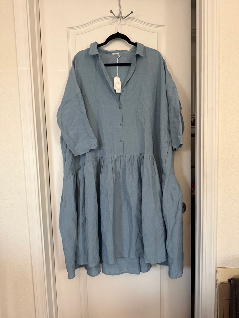 Apuntob Light Blue Tiered Linen Shirt Dress